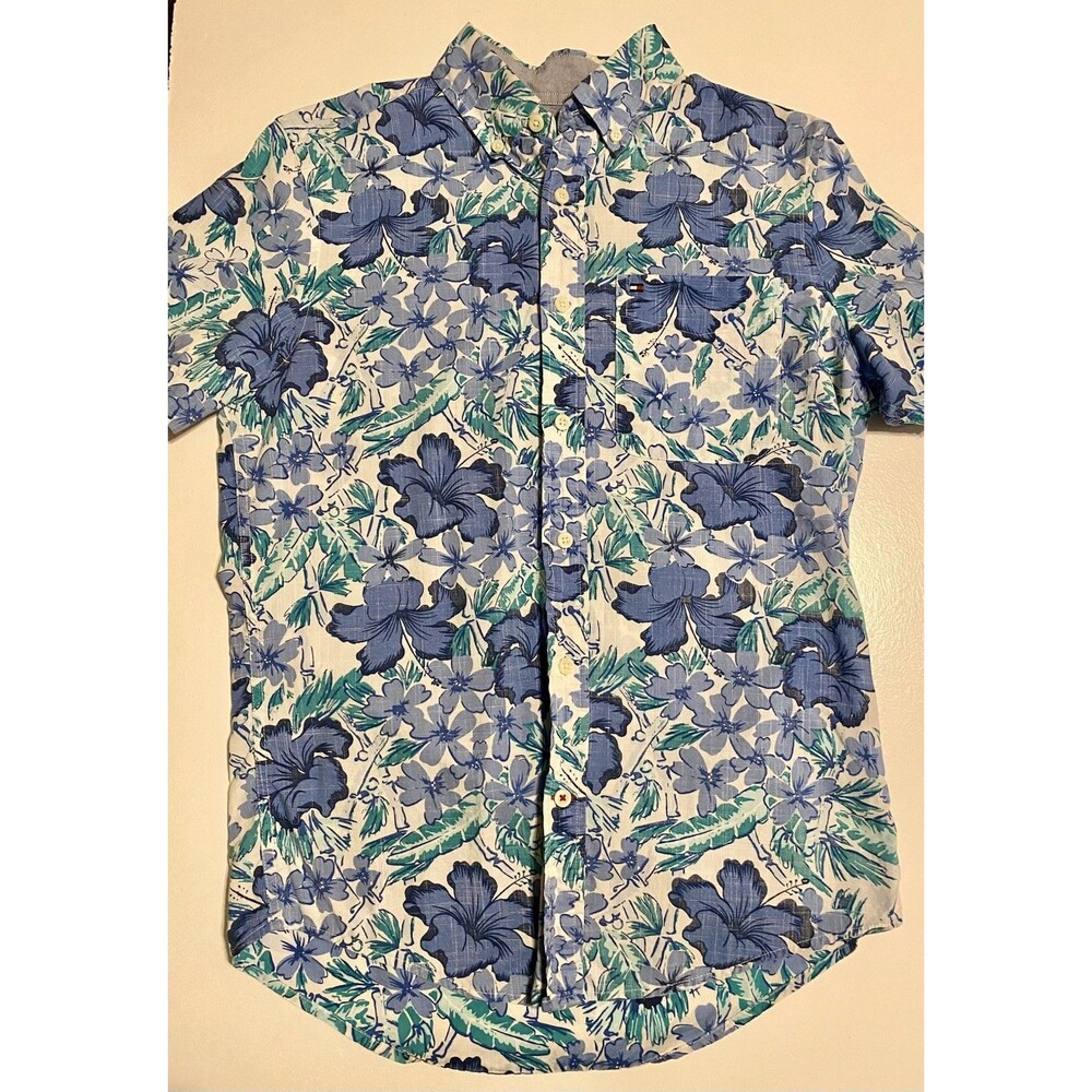 Men’s xS Tommy Hilfiger Short Sleeve Button Down Hawaiian Shirt Blue 100% Cotton